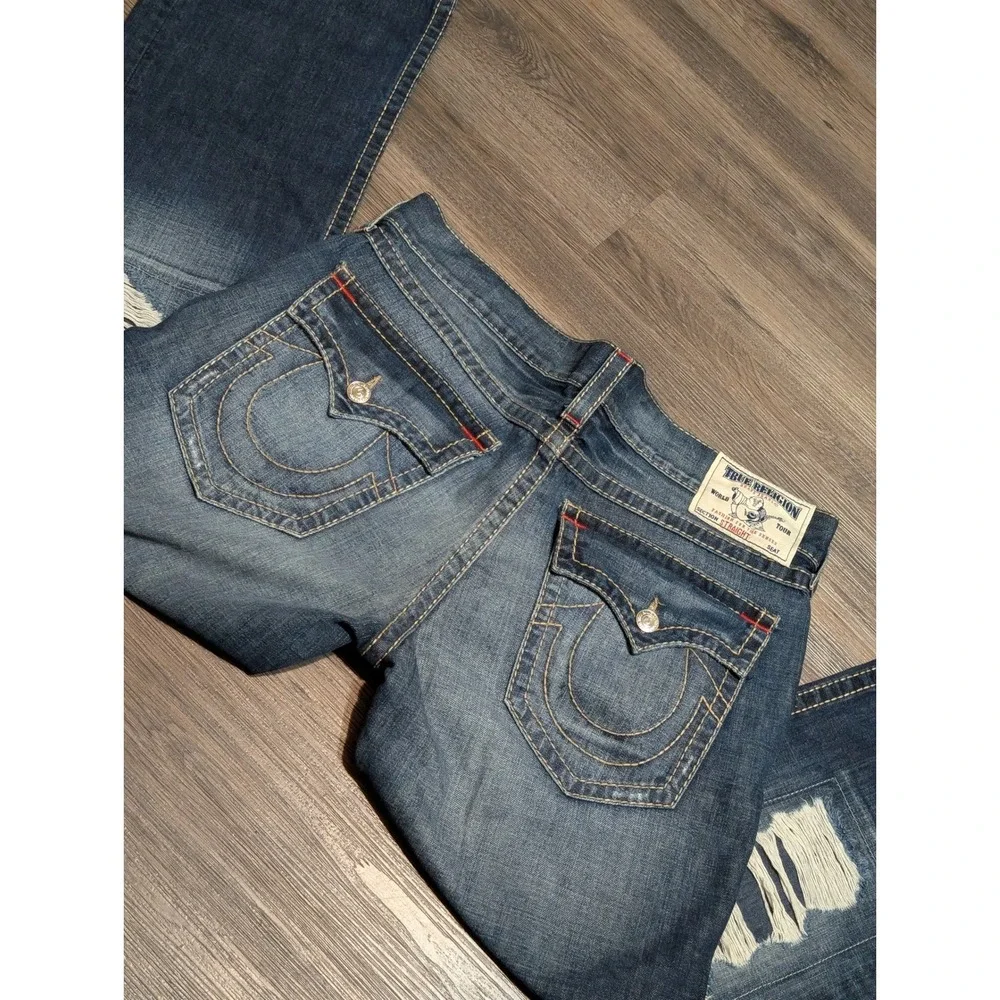 True Religion Straight Leg Distressed Jeans Mens 38 Dark Wash Ripped Denim Blue